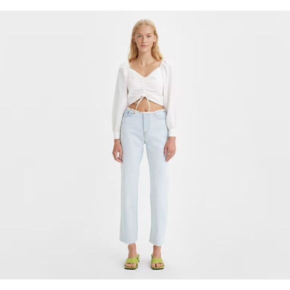 Levi’s Wedgie Straight Ripped Waistband Jeans light indigo destructed blue new - Picture 2 of 14